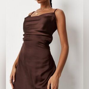 Missguided Plus Women’s Chocolate Brown Midi Satin Slip Dress Y2K 12 Cowl Neck
